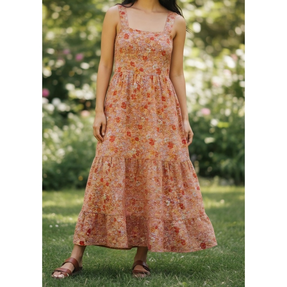 Jessica Simpson Floral Tiered Midi Dress S Peach Pink Tie Back Boho Cottagecore